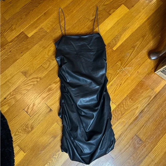 faux leather spaghetti strap dress Black Faux Leather Mini Dress - Spaghetti Strap Fitted main image 1